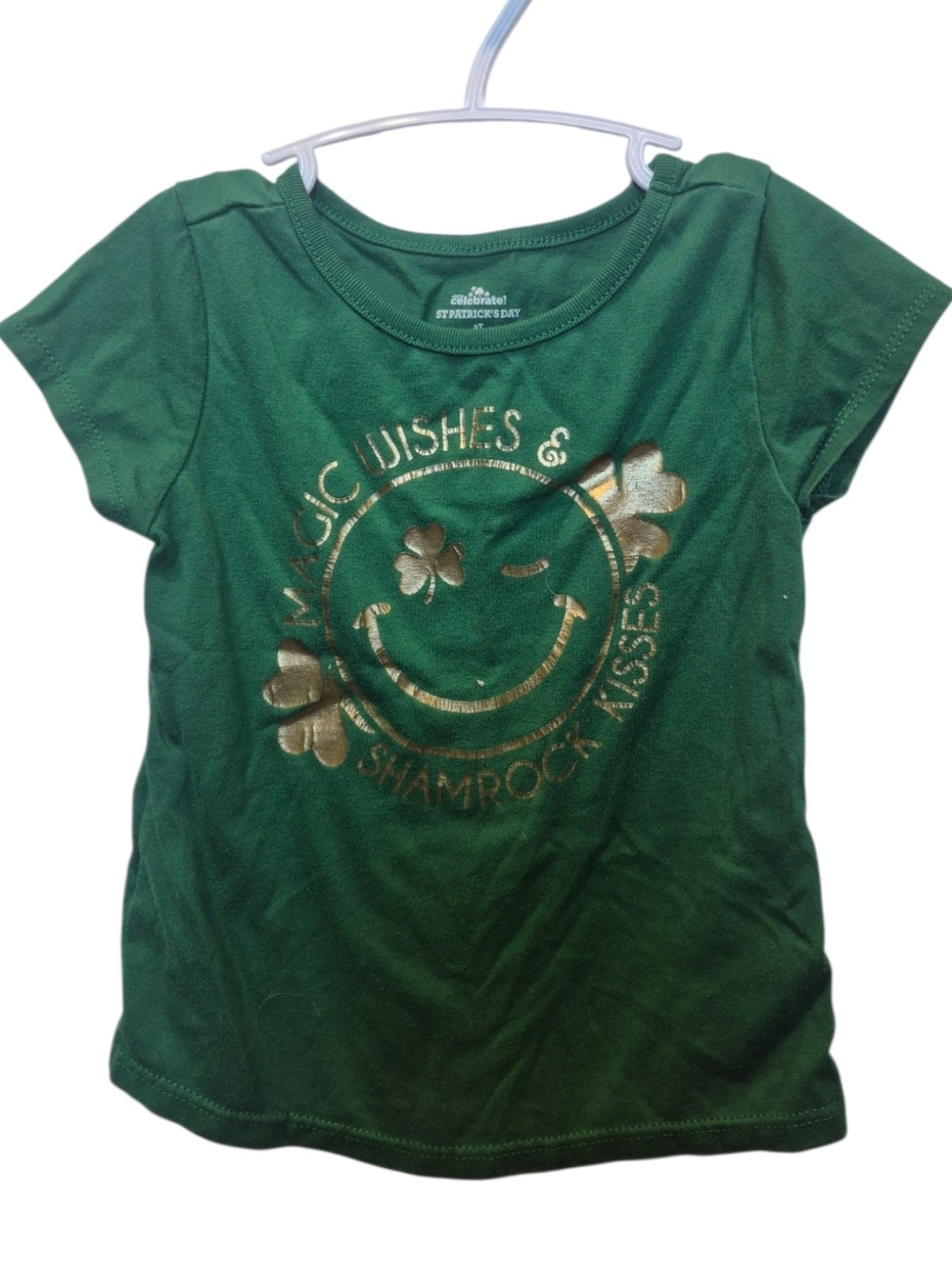 Girls' Green Short Sleeve Tee with Gold Shamrock Smile